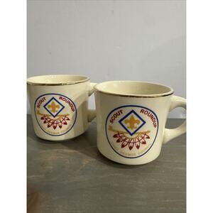 Rare BSA Set Of 2 Scout Roundup Chief Okemos Council Mugs Vintage USA Gold Rim